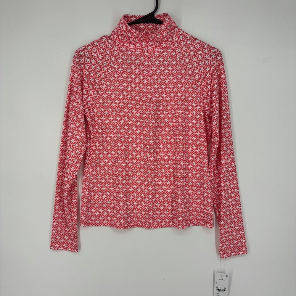 Lands' End Womens XS Long Sleeve Swim Top Rash Guard Pink White Floral 1/4 Zip